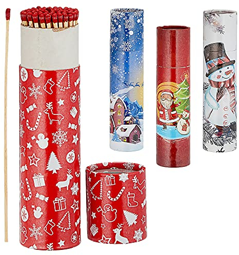 Cepewa Kaminstreichhölzer 4er Set | L 20cm 4 Packungs-Motive à 75 STK. | Streichholzschachtel Holzdesign | XXL Zündhölzer (4X 75 STK. Weihnachtsdesign)