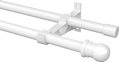 Bastone da Tenda Doppio, 76-113CM Bastone per Tenda Regolabile da 2,54 cm con Terminali Rotondi, Aste per Tende per Finestra in Acciaio Inossidabile con Staffe per Soggiorno da Camera/Bianco