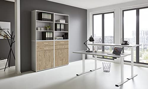 e-Office Edition Set 20 Büromöbel-Set (Gestell: Weiß, Korpus-Front: Lichtgrau/Gold Harbor Oak, Tischplatte: Lichtgrau, Abmessung Tischplatte: 138 x 67 cm)