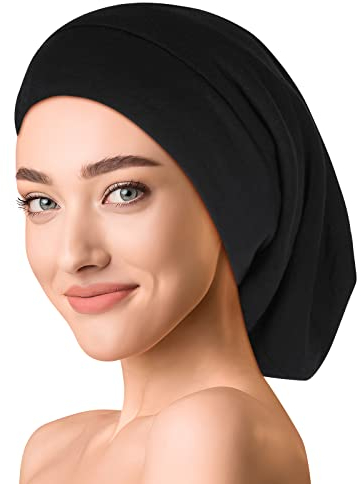OLESILK Seide & Baumwolle Lange Schlafmütze leichte und weiche Wendemütze Strickmütze Unisex verstellbar für Damen & Herren, Lang, Schwarz