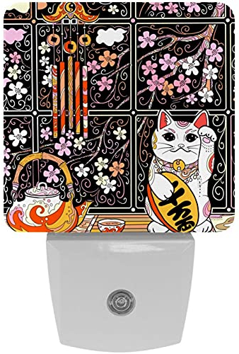 2 Packs Plug-in LED Night Light with Auto Dusk to Dawn Sensor, Cherry Blossoms Cat Teapot Campanula Night Lights for Stairs, Bathroom, Bedroom, Kids Room, Hallway