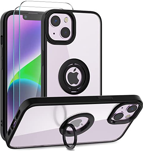 Giolus für iPhone 14 Hülle mit 2 Stück Schutzfolie, Durchsichtig Handyhülle mit 360° Rotation Ring Halter Ständer Dünn TPU Silikon Bumper Hard Back Hülle Stoßfest Kratzfeste Schutzhülle Schwarz