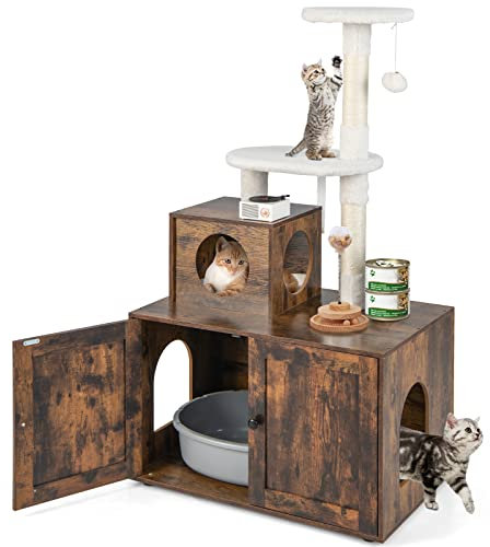 COSTWAY Litter Box Enclosure with Cat Tree, 2-in-1 Hidden Cats Washroom with Kitty Condo, Scratching Posts, Plush Perch, Indoor Cat House Cupboard