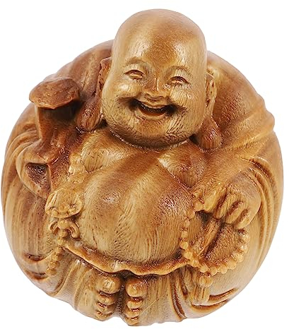 SHOWERORO Kleiner Maitreya Buddha aus Holz Handgeschnitzte Buddha Statue Zufallsfarbe Dekoration für Wohnzimmer Büro und Meditation Zen Stil Ornament für Harmonische Raumgestaltung
