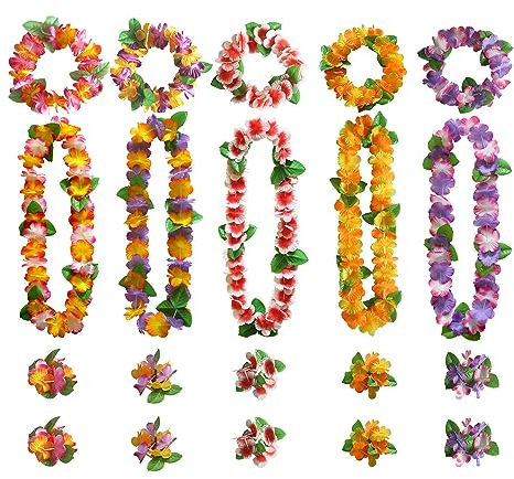 Conjunto De Guirnaldas Hawaianas 20PCS, Pulsera De Diadema De Collar De Flores Hawaianas, Conjunto De Fiesta Tropical, Suministros De Decoración De Fiesta De Piscina De Vacaciones De Playa De Verano