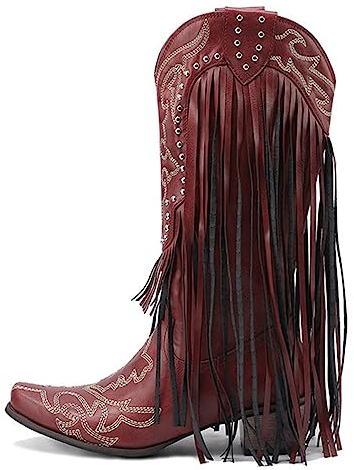 CRETUAO Stivali Western Donna con Rivetti con Frange,Stivali a metà Polpaccio Comfort con Tacco Basso Ricamati in Stile Nazionale,Stivali Cowgirl Equitazione Tacco Grosso Classico,Rosso,39 EU