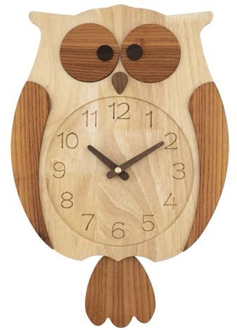Couperos Pendel Wanduhr Dekorative Eule Holz Wand Clolck Nicht Tickend Batteriebetrieben Holzuhr für Wohnzimmer Schlafzimmer Büro Kinderzimmer Küche Hotel Cafe