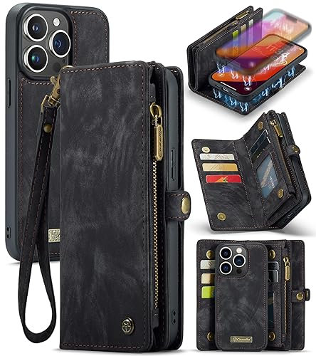 ANROD Leather Flip Wallet Case for iPhone 15 Pro, Detachable Back Shell Magnetic Closure 2-in-1 Shockproof Zipper Purse Cover for iPhone 15 Pro, with Card Slots (Black)