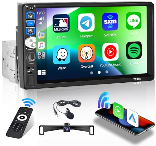 Hikity 1 Din Autoradio Wireless Carplay Android Auto, 7 Zoll Touchscreen Display Auto Radio mit Bluetooth Mirror Link FM USB/AUX/TF+Rückfahrkamera Mikrofon