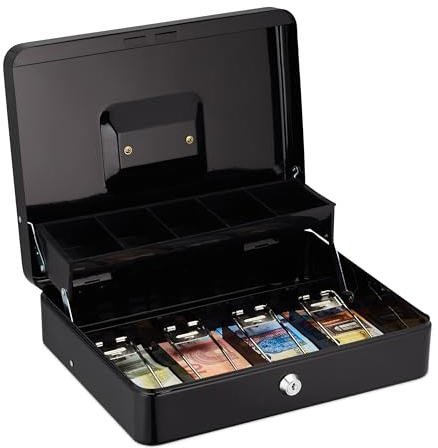 Relaxdays Geldkassette abschließbar, Münzeinsatz & 4 Scheinfächer, Geldkasse Eisen, HxBxT: 8,5 x 30,5 x 24,5 cm, schwarz