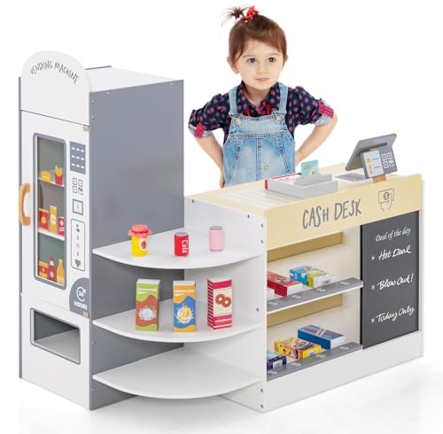 GOPLUS Kinder Kaufladen, Supermarkt aus Holz, Kaufmannsladen mit mit Kasse, POS-Automat & Verkaufsautomat, Einkaufsladen Rollenspiele mit 15 Zubehör & Tafel für Kinder von 3-8 Jahren (Weiß)