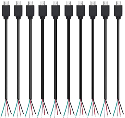 RUNCCI-YUN 10Pcs micro Queue de cochon USB,28AWG 3A micro USB mâle extrémité ouverte à fil nu à 4 broches,micro USB Câble d'alimentation et de données,prise USB soudable,pour les bricoleurs (30cm)