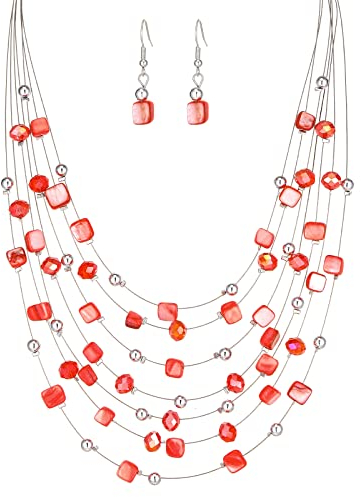 FULU AUTUMN Boho Mehrschichtige Perlenkette Damen Perlen Statement Kette und Ohrringe Set Modeschmuck für Mütter Frau Oma Mode Geschenke(Red)