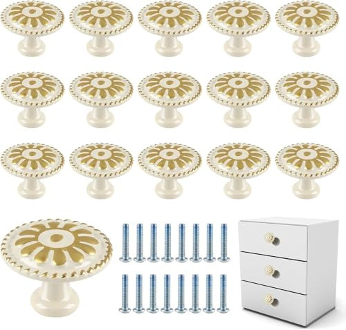 Taoduod 16St Vintage Schubladenknöpfe 32mm Möbelknöpfe Weiß Schrankknöpfe Blumen Muster Runde Schubladengriffe Aluminiumlegierung Vintage Kommodenknöpfe Schranktürknöpfe Set für Kommode Kleiderschrank