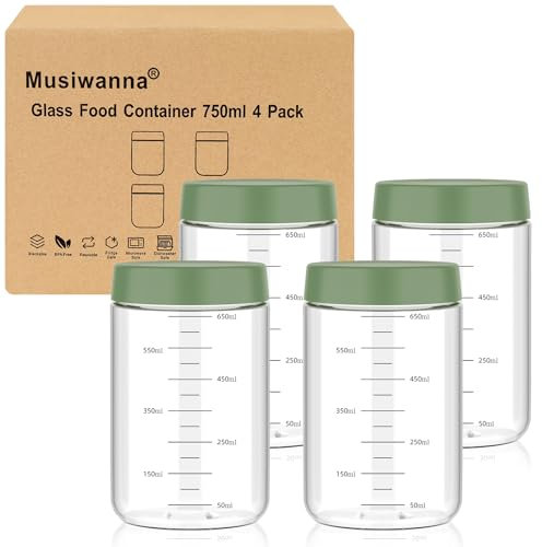 Borosilikatglas Meal Prep Gläser mit Skala 750ml 4 Stück, Overnight Oats Gläser mit Rund Deckel, Stapelbar Einmachgläser mit Schraubdeckel, Gläser für Salat, Sauerteig, Porridge, Jogurt, Gewürzgurken