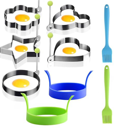 VINEST 7 Stück Spiegeleiform, 5 Edelstahl Spiegeleierformen für Die Pfanne, 2 Silikon Eierformer, Pancake Form mit Klappgriffen, Doppelohr Pochierte Eier Form mit 2 Ölpinsel für Pfannkuchen Omeletts