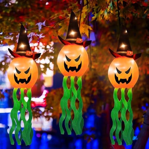 SPERMUOY Halloween Deko Outdoor Kürbis,3 Stück Geist Deko Outdoor Mit Hexenhut Halloween kürbis Lichterkette Für Helloween Dekoartikel