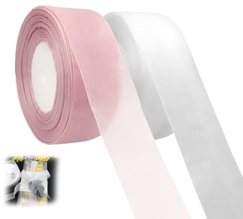 BuxiuGK 2 Rouleau Ruban en Organza Transparent 5cm x 45m,Tulle Ruban Satin Ruban Mariage pour Mariage,Carte,Boîte d'emballage,Bouquet,Crafts,(Or Rose,Blanc)