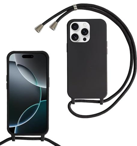 SLWYF Compatible with iPhone 16 Pro Max Crossbody Lanyard Case, Liquid Silicone Protective Phone Case with Strap Adjustable Neck Cord Necklace Soft Cover for iPhone 16 Pro Max, Black
