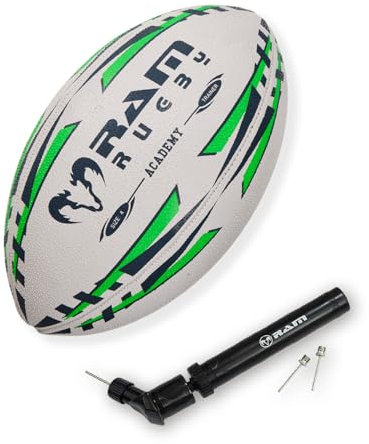 Ram Rugby Academy Trainer Rugby Ball (Size 4 & Mini Pump) 3 ply, Club Quality Rugby Training Ball - 3-D Grip for ultimate Passing & Catching Control – Suitable for Youth, Kids & Children