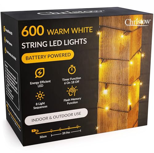 CHRISTOW Christmas Fairy Lights Battery Operated, Warm White LED String Lighting with Timer, Indoor & Outdoor, 8 Light Modes Flashing & Static, Green Cable (600 LED / 60m Lit Length)