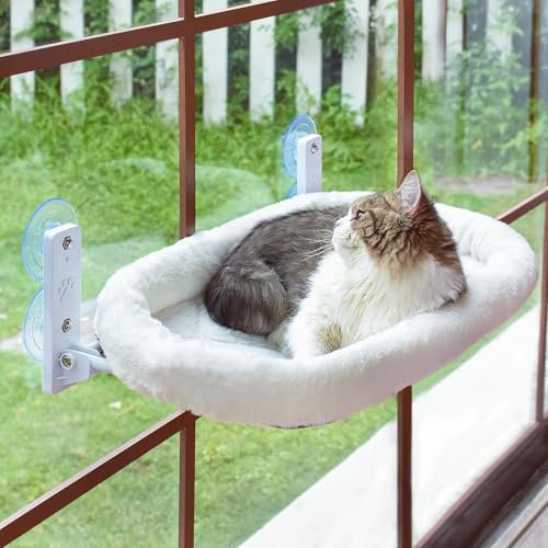 Sudadera Fensterliege für Katzen -hängematte mit abnehmbarem plüschbezug, faltbar und weiche gemütlich (weiß, 52 cm), perfekt als katzenbett oder fensterbrett Winter Bis zu 25kg