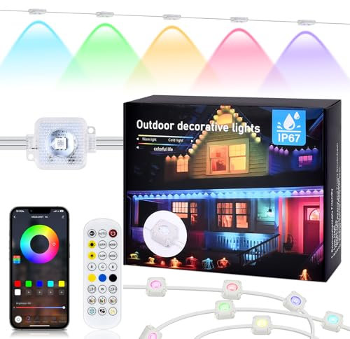 Joellfuner Permanente Außenbeleuchtung Outdoor, 16M RGBIC Smart LED Strip, Wasserdicht Trauflichter mit Mehreren Szenenmodi, APP & Fernsteuerung, Musiksync für Traufe, Dach, Garten, Party Deko (16M)