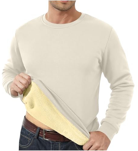 HAOLEI Mens Fleece Jumpers Crew Neck Fleece Lined Sweatshirts Thermal Winter Warm Pullover Sherpa Sweater Long Sleeve Plain Casual Workwear Thick Gym Fuzzy Fluffy Sweatshirt UK Clearance Beige