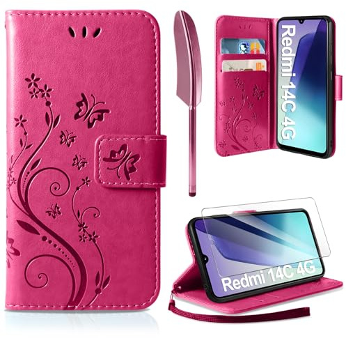 AROYI Lederhülle Kompatibel mit Xiaomi Redmi 14C 4G/ Poco C75 4G Hülle und Schutzfolie, Flip Wallet Handyhülle PU Leder Case Schutzhülle Kompatibel mit Xiaomi Redmi 14C 4G Rosenrot