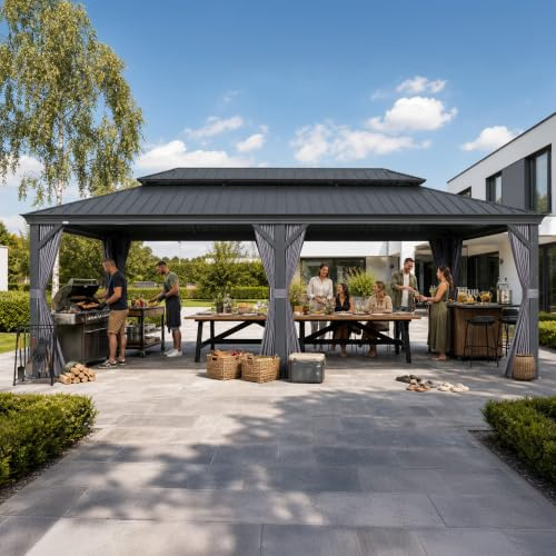 PURPLE LEAF Alu Pavillon 4.25 x 8.5 m mit Seitenteilen Hardtop-Dach, Grau | Integriertes Entwässerungssystem, Verbreiterte Alu-Säule, Rostfreies Stahldach, Abnehmbare Waschbare Seitenwände, für Gewerbe