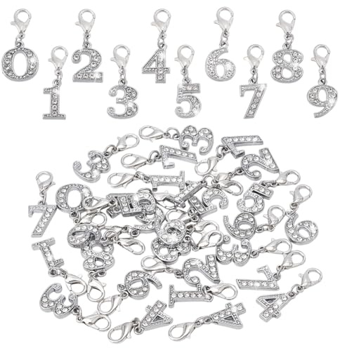 PH PandaHall 40 Stück 10 Stile Strass Zahlenanhänger Mit Karabinerverschluss 1 Zoll Kristall Zahlen Anhänger Für Halskette Armband Schmuck Schlüsselanhänger