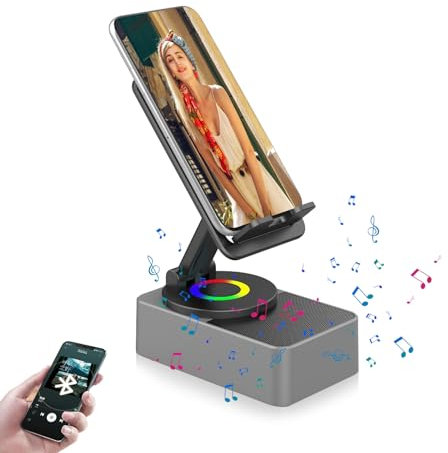 Recitem Enceinte audio Bluetooth sans fil à induction, support de téléphone portable 3 en 1, support de batterie externe audio Bluetooth, batterie externe pliable avec base antidérapante pour les