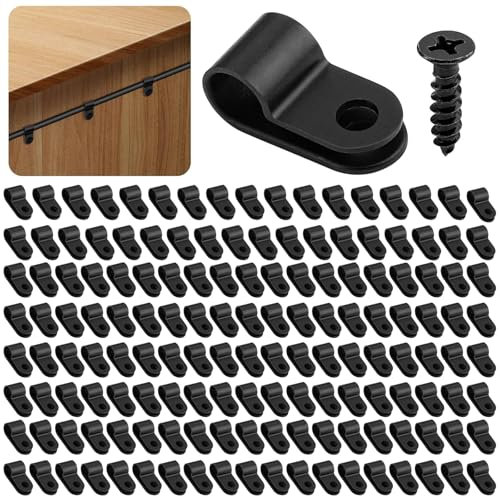 150 PCS R Type Cable Clips, Cable Clamp Organizer with Screws, Nylon Thread Clip Screw Mounting Fastener Clamp Assortment Kit, Cable Cleats for Electrical Cable Wire Conduit Cable Management (Black)