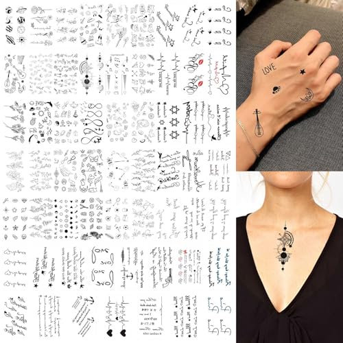 AOOWU 60 BläTter Schwarz Rose Blume Temporäre Tattoos Erwachsene Geometrisch Aufkleber Gefälscht Wasserdicht Skizzieren Tätowierung Sexy Pfingstrose, Tattoos für Karnevalsschminke Halloween Masquerade