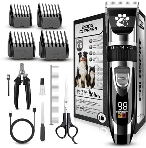 Dog Clippers Cordless, Dog Grooming Kit, Low Noise Rechargeable LED Display Pet Trimmer (Black)