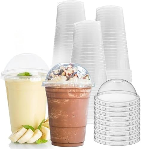Strong Clear Plastic Smoothie Cups with Dome Lids – Reusable, Crystal Clear, Durable, and Leak-Proof | Perfect for Juices, Milkshakes, Iced Coffee, and Beverages| Pack of 50, Size – 12oz (355ml)