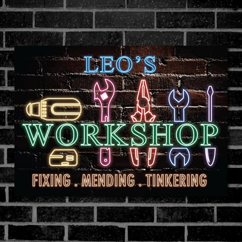 PERSONALISED Workshop Sign Tool Shed Garage Neon Effect Metal Plaque Custom Gift