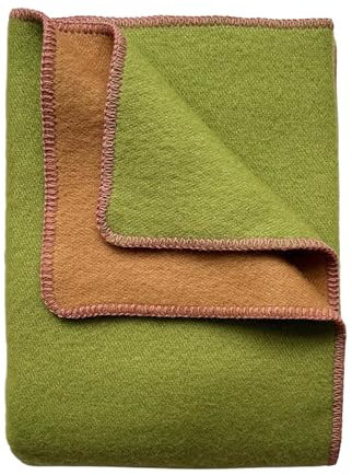 JOWOLLINA WoolOnly Doubleface Wendedecke Plaid aus norwegischer Wolle 130×200 cm (Green Camel/Pink)