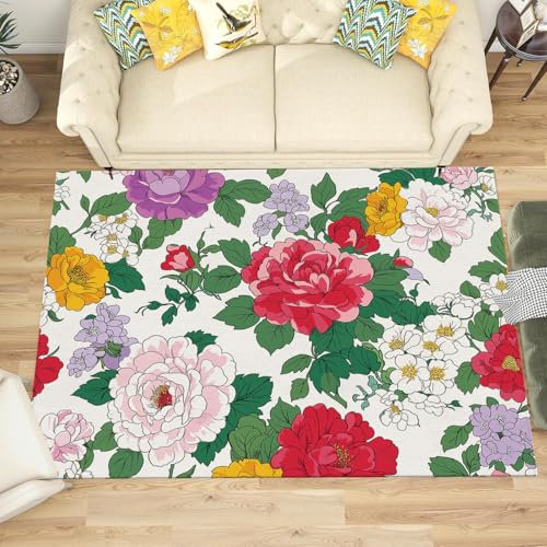 CEDNXOER Teppich Wohnzimmer, Aquarell Blütenblätter Mustern 200x300cm,Kurzflor Raumteppich Schlafzimmer Pflegeleicht und Extra Weich, Pfingstrose Schlafzimmerteppich für Küche Esszimmer Kinderzimmer