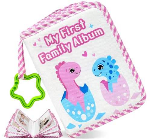 Baby Fotoalbum, Rosa Dinosaurier Fotobücher für Kleinkinder, Weich Polyester für 17stk Bilder mit Haken zum Gesichter Namen merken, Erstes Fotoalbum aus Weichem Stoff für Wachstum des Babys, Kinder