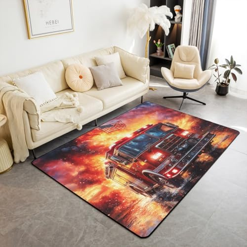 Homemissing Feuerwehr Teppich 100x150cm Kinder Feuerwehr Auto Fahrzeug Wohnzimmerteppich für Kinder Jungen Mädchen Feuerwehr Küchenteppich Feuerwehr Modern Teppich Wohnzimmerteppich