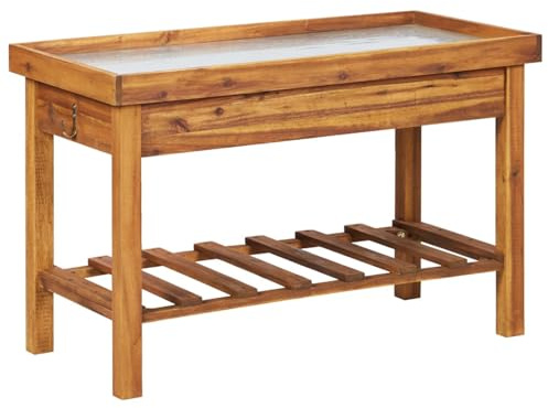 Homgoday Akazienholz Pflanztisch mit Zink-Arbeitsplatte, 100x50x60 cm, Braun - Gartenmöbel Model46561