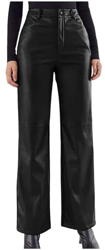 Generisch 2026 Pantalones de cuero sintético para mujer, de un solo color, con bolsillos, de cintura alta, rectos, de pierna ancha, leggings, ajuste slim, pantalones de mujer de pierna ancha para el