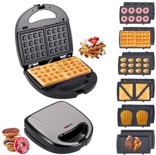 Gugxiom 6 in 1 Waffle Maker, 750W Sandwichmaker, Kontaktgrill, mit 6 Wechselbaren Platten, Antihaftbeschichtung, Waffeleisen für Sandwiches, Waffeln, Paninis, Toast, Fleisch