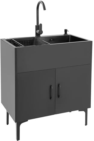 JAYEUW Edelstahl Spüle mit Unterschrank Freistehende Küchenspüle 360° Drehbare Warm- und Kaltwasserarmatur 68 * 45cm Groß Einzelspüle mit Abtropfkorb Seifenspender für Haushaltsküche (Schwarz)