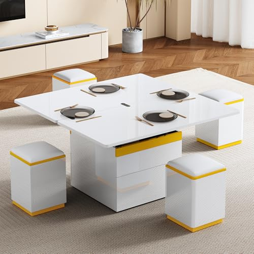 Gxffipw Hochglanz Couchtisch Höhenverstellbar Wohnzimmertisch mit 4 Stauraum Hockern, Sofatisch Coffee Table mit Schubladen und Ausziehbare Tischplatten, Esstisch Wohnzimmer Tisch für Couch, Weiß+Gelb