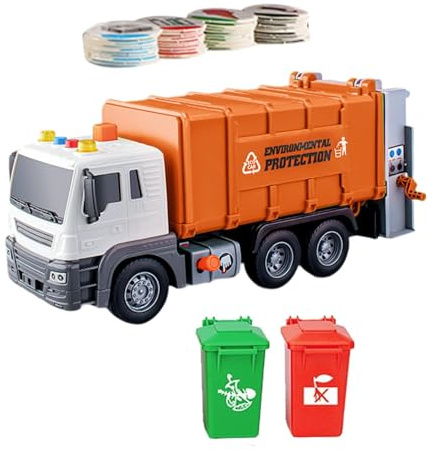 QUXVUIS Camion Poubelle éducatif réaliste avec Moteur à Friction, Comprenant des poubelles et des Cartes de tri pour Enfants. Jeu éducatif avec lumières et Sons, Orange