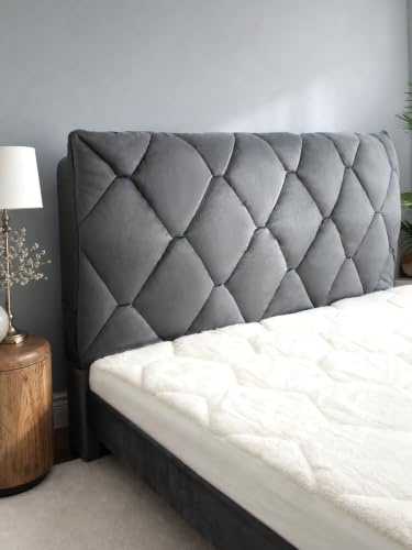TEXSTEAD Samt Bettkopfteil Bezug & Betthussen Set mit geometrischem Muster–elastische & wattierte Staubschutz-Hülle als dekorative Abdeckung für gepolsterte Kopfteile, waschbar in Grau(ca. 200x70 cm)
