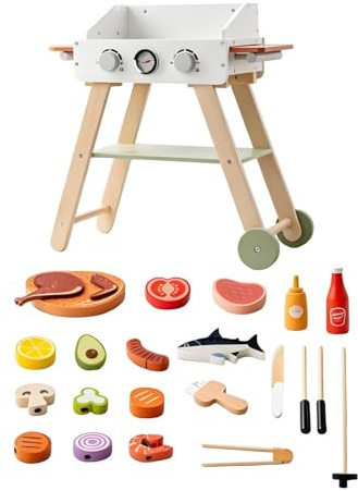 MotiveTech Barbecue Giocattolo per Bambini Griglia Finta Set Cucina Giocattolo in Legno con Manopole Etermometro Finto Cottura Immaginaria Ruoli Condivisi Adatto per Gioco Domestico Feste Asilo Regali