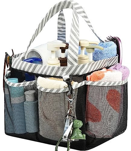 Haundry Mesh Shower Caddy Bag, Large College Dorm Bathroom Caddy Organizer with Key Hook and 2 Oxford Handles, 8 Basket Pockets, Portable Hanging Caddy Bag for Camping Gym